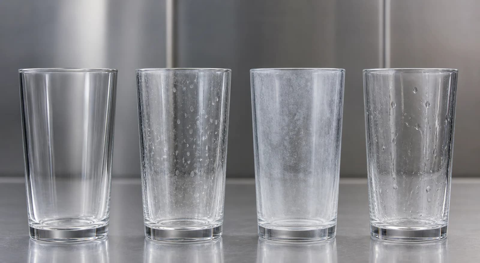 Fire glass som viser rent resultat, vannflekker, hvitt belegg og tørkedråper