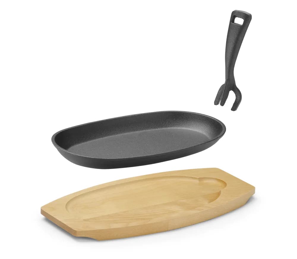 Vis Cast iron platter with wooden underliner and gripper, HENDI, Black, 280x143x(H)33mm, Oval, bilde 4