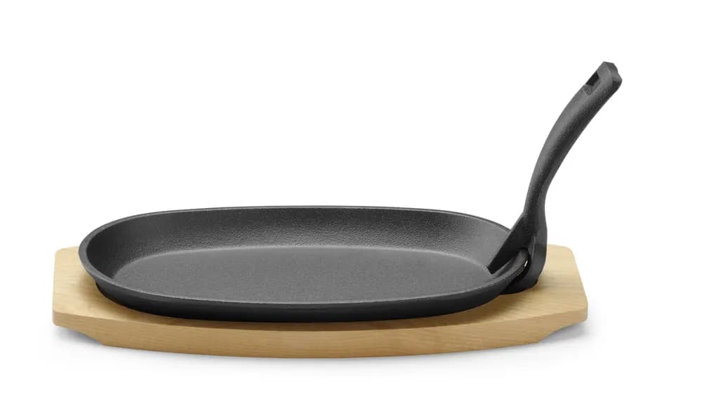 Cast iron platter with wooden underliner and gripper, HENDI, Black, 280x143x(H)33mm, Oval