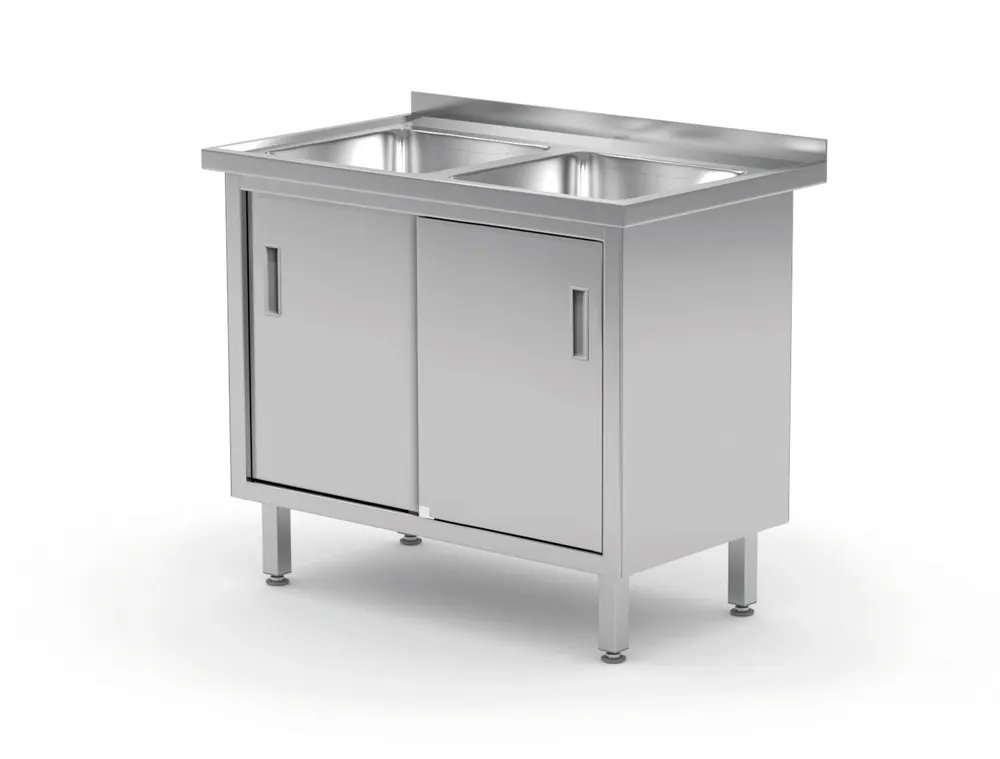 Table with 2 sinks, cabinet – welded, with sliding doors, HENDI, Profi Line, 1000x600x(H)850mm