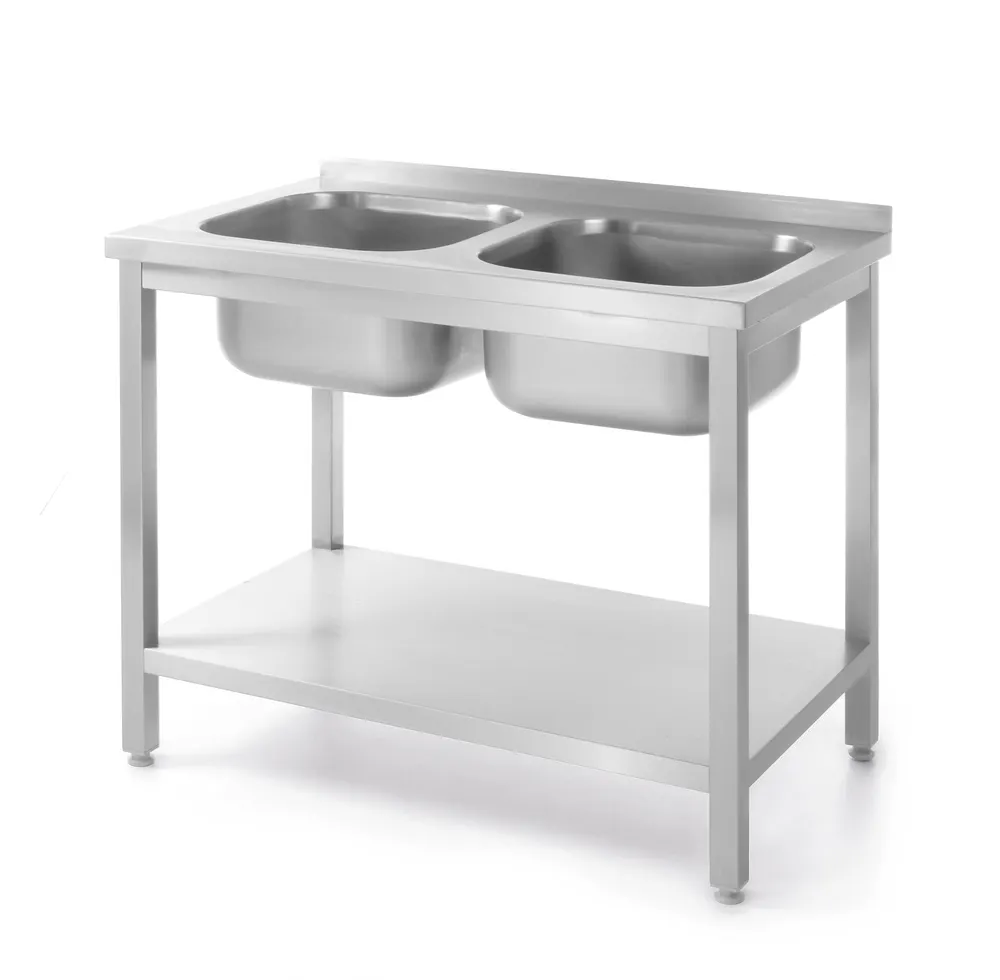Table with 2 sinks and shelf, bolted, HENDI, Kitchen Line, two sink bowls, 1000x600x(H)850mm